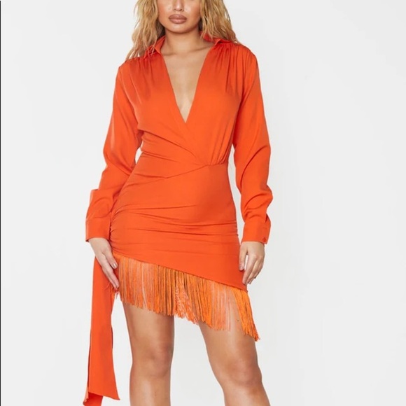 PrettyLittleThing Dresses & Skirts - PLT  prettylittlething bright orange fringe tassel shirt long sleeve dress
